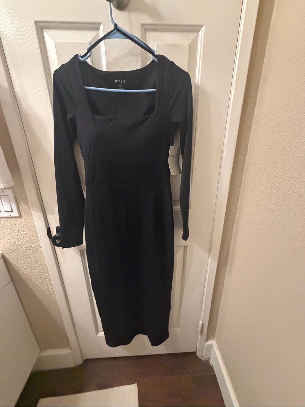 BYLT Basics Black Long Sleeve Square-Neck Midi Dress